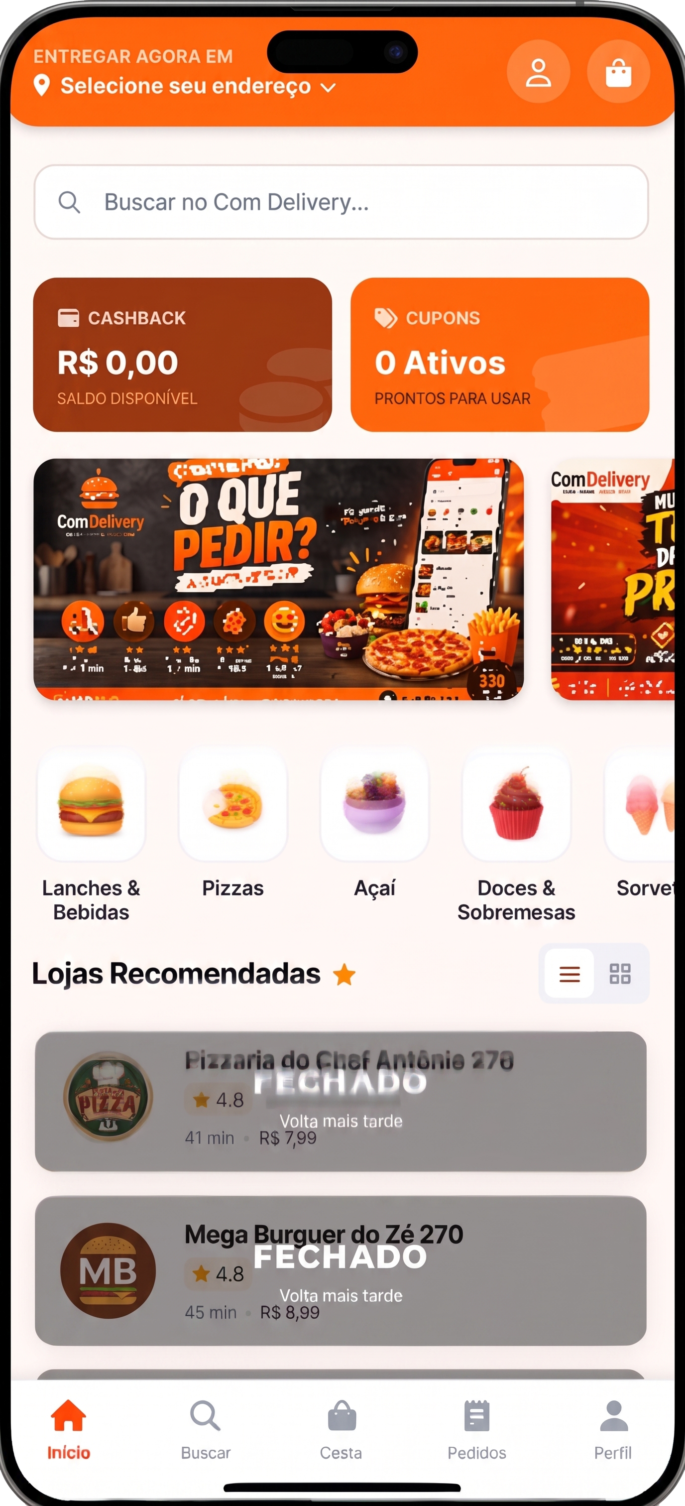 Tela do Aplicativo ComDelivery